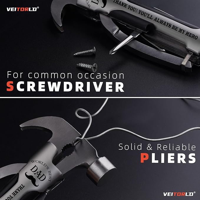 VEITORLD Gifts for Dad from Daughter Son Kids, Unique Birthday Gift Ideas for Men Stepdad Papa, All in One Tools Hammer Multitool with Engraved Wooden Box, Cool Camping Hunting Gadgets