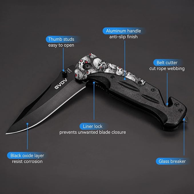 GVDV Utility Pocket Knife with 7Cr17 Stainless Steel - Folding Knife for EDC Outdoor Camping Hunting, Liner-Lock, Clip, Seatbelt Cutter, Glass Breaker for Emergencies, Men Gifts, White Skull