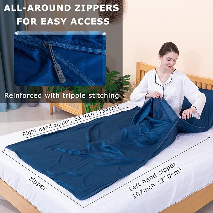 100% Silk Sleep Sack with All Around Zippers, 87”x43” Large Sleeping Sheets for Hotels, Travel & Camping, Multifunctional Travel Sheets (Unzipped:87”x87”) for Adults, Lightweight, All Season