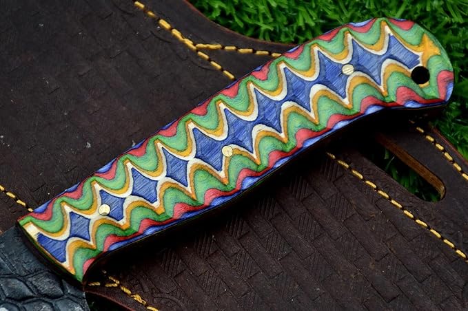 Carbon steel blade Bull cutter knife, 8.5 inches long knife with Leather sheath, Multi color Micarta scale Jigged with sturls, Embossed carbon steel blade