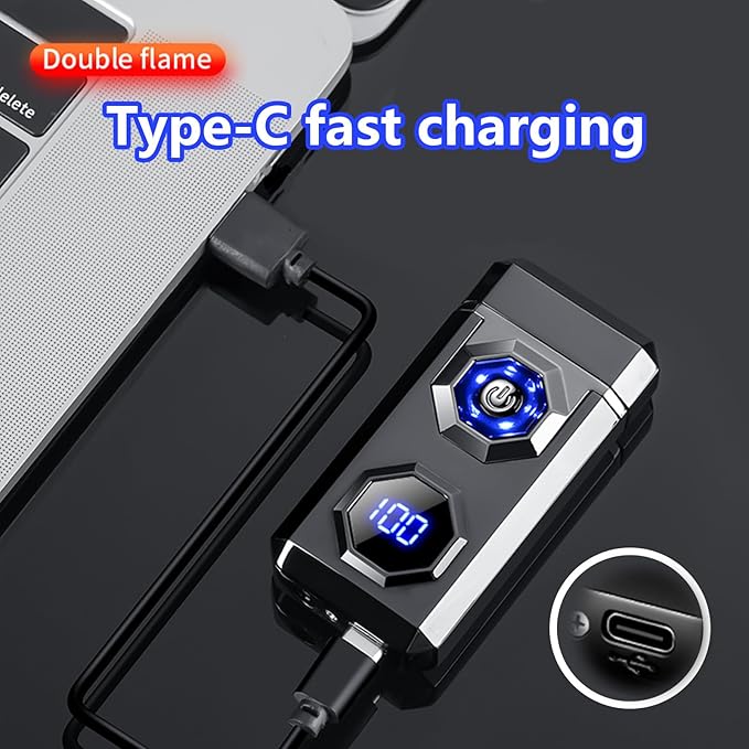 Electric Lighter,Type-C Arc Lighters Rechargeable,Big Flame Windproof Lighter,Plasma Lighter with LED Battery Display and LED Lighting, Suitable for Camping,Scented Candles(Black)