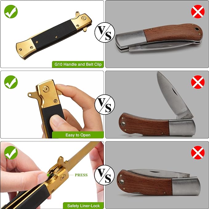 GVDV Folding Pocket Knife with G10 Handle, 7Cr17 Stainless Steel EDC Knife with Safety Liner-Lock, Camping Hunting Fishing Knife for Men Women, Gold