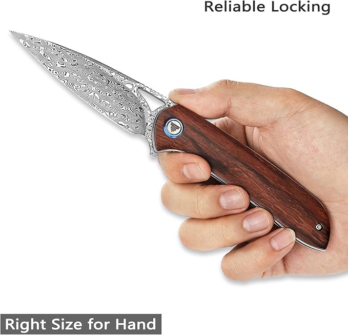 Handmade Folding Hunting Knife,3.5in 110 Layers Damascus Steel Liner Lock Rosewood Handle with Deep Carry Pocket Clip&Titanium Pivot Ring,Thumb Hole Flipper Opener with Ceramic Ball Bearing EDC Knives for Men,Sgr-01