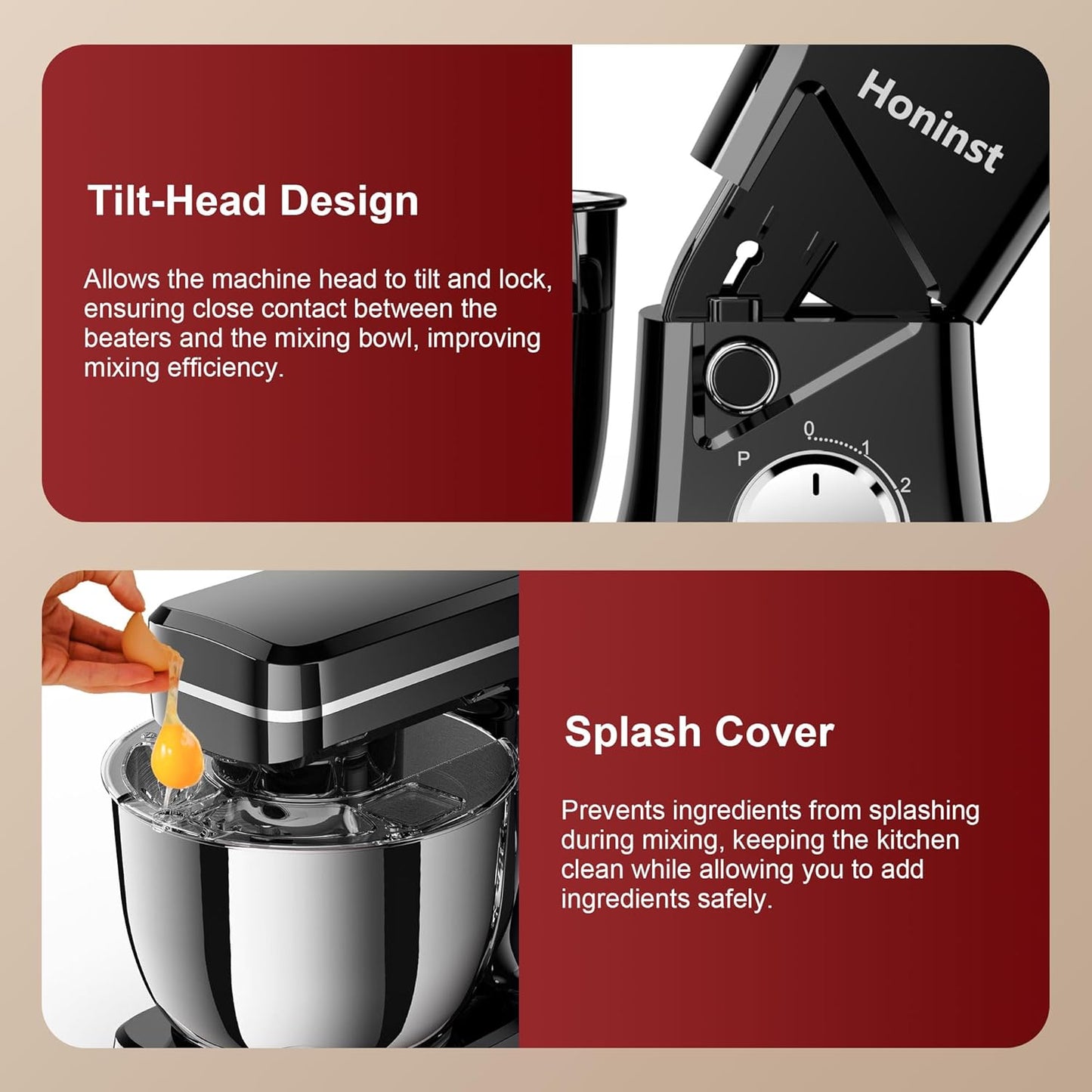 10-Speed Stand Mixer with 8-in-1 Splash Guard, Tilt-Head, 6QT Stainless Steel Bowl + Dishwasher-Safe Dough Hook/Whisk/Beater/Spatula for Baking Bread, Cakes, Cookies, Black