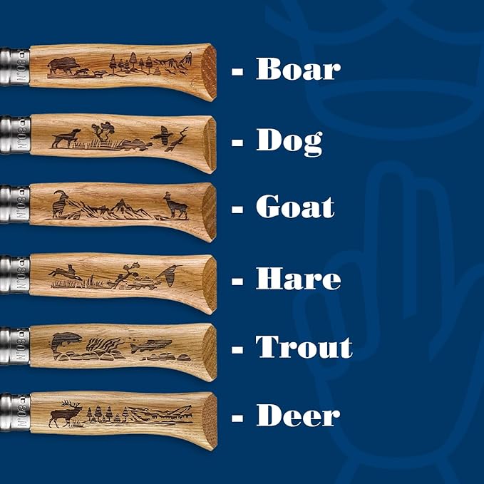 Opinel No. 8 Engraved Oak Handle Folding Knife, Animalia Collection, Stainless Steel Blade, Made in France