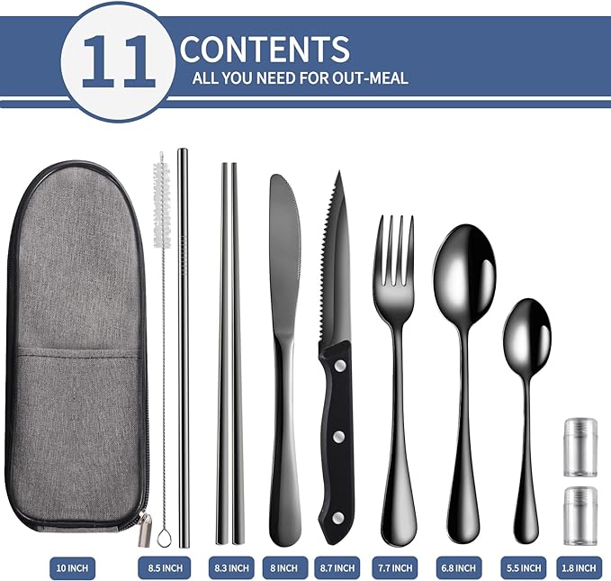 Portable Travel Utensils Set,Reusable Camping Cutlery Set,Stainless Steel Flatware Set with Case,Lunch Boxes Workplace Camping School Picnic (Black)