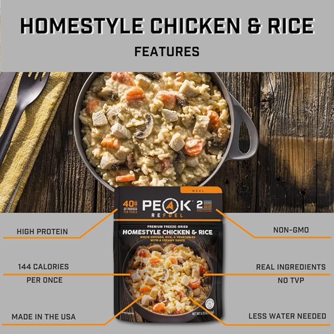 Peak Refuel Homestyle Chicken & Rice| Premium Freeze Dried Camping Food | Backpacking & Hiking MRE Meals | Just Add Water | 100% Real Meat | 240g of Protein | 6-Pack