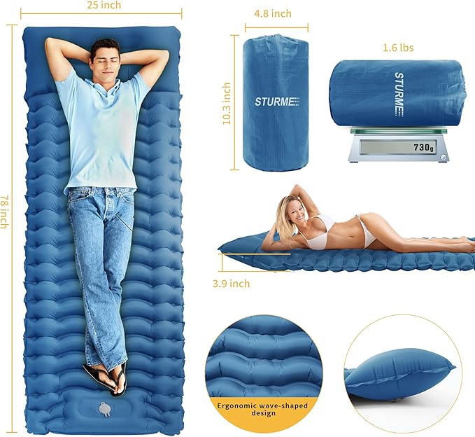 STURME Sleeping Pad for Camping, 3.9 Inch Extra-Thick Self-Inflating Camping Mattress with Foot Pump, Compact Air Mattress Ultralight Sleeping Mat with Pillow for Backpacking, Hiking, Outdoor -Blue