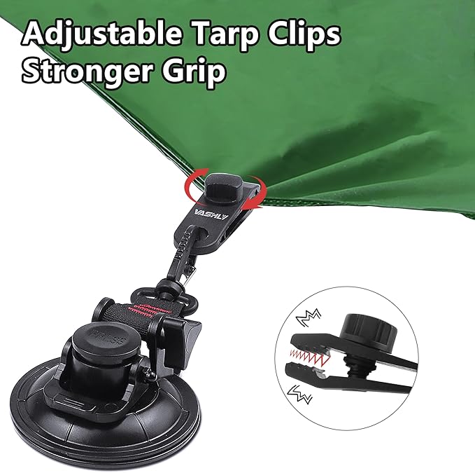Vashly Heavy Duty Suction Cup 5Pcs Strong Suction Cups with Hooks and 5Pcs Tarp Clips Deavy Duty Lock Grip for Car Awning Boat Camping Trap Tie Down