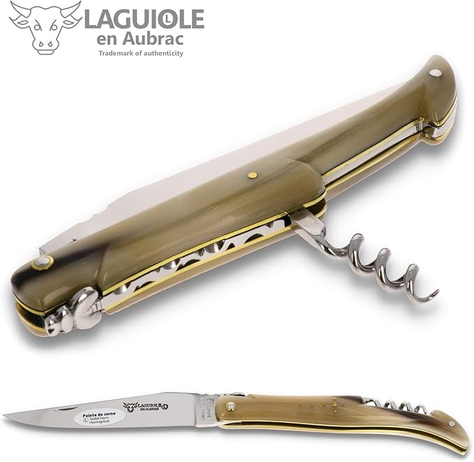 Laguiole en Aubrac Handmade Knife 12 cm Corkscrew L0612PCLF, Full Horn tip Handle, Blade Stainless Steel Shiny