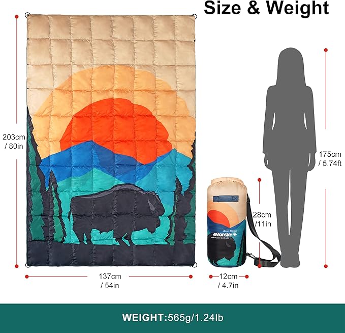 4Monster Down Camping Blanket - Outdoor Travel Quilt Puffy 650 Fill, Packable, Lightweight,Wind & Waterproof | Ideal for Stadium, Backpacking,Picnics, Beach and Hiking