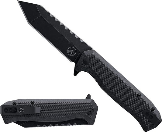 Off-Grid Knives - Viper V2 with154CM Steel Tanto Blade, Grippy G10 Scales, Left or Right Deep Carry Clip, Ceramic Ball Bearings (Blackwash)