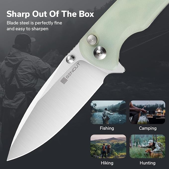 SENCUT Sachse Pocket Knife Folding Knife for EDC, Natural G10 Handle Satin 9Cr18MoV Blade Foldable Small Knife with Clip, Button Lock Everyday Carry Knife for Men Women Indoor Outdoor Gift S21007-4