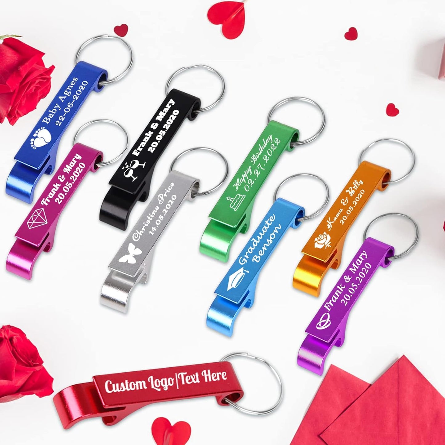 10PCS Personalized Bottle Opener Keychain Bulk Custom Beer Bottle Opener with Logo Text Engraved Wedding Bottle Opener Favors Customized Gifts for Guests Baby Shower Birthday Party-Pink