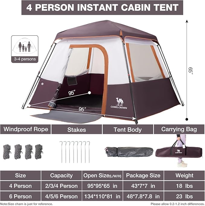 CAMEL CROWN Cabin Tent with 1-Minute Setup, 4/6 Person Instant Tent with Weatherproof Floor