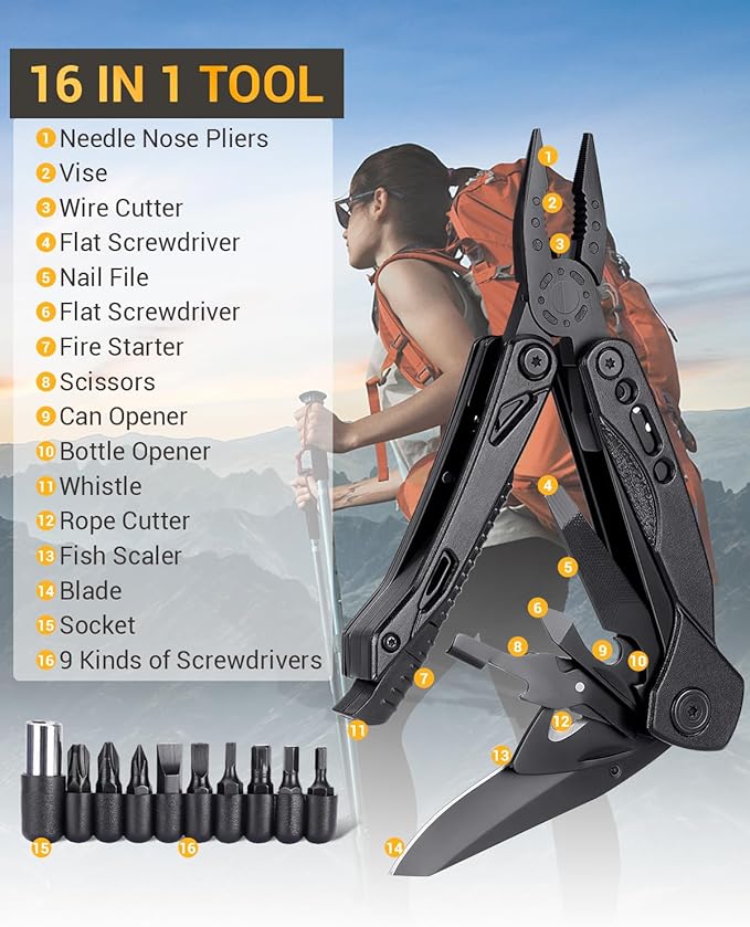 Multitool Mens Gifts for Fathers Day - Dad Gifts 16 In 1 Pocket Knife Plier Camping Accessories Multi Tool Gadgets Birthday Gifts for Adults Husband Boyfriend Women Who Have Everything Wants Nothing