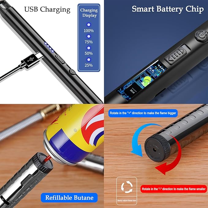Candle Lighter, 2 Pack Set Flexible Neck Refillable Butane Torch Lighter and Electric Arc Lighter, USB Rechargeable with Battery Display, Jet Flame Windproof for BBQ, Camping, Safe & Versatile