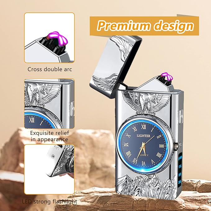 Plasma Lighter USB Rechargeable Electric Lighter Windproof Arc Lighter with Clock dial time Display Cool Lighter for Men(Silver)