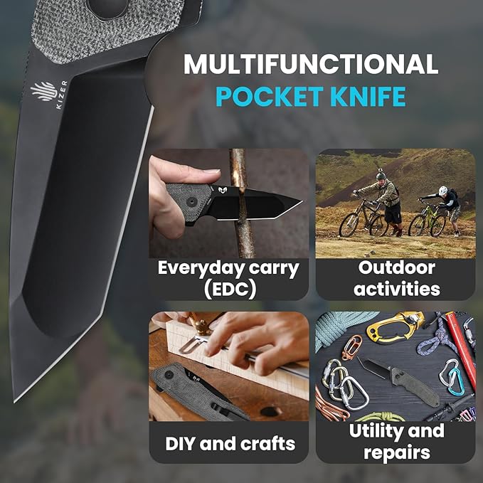 Kizer Mad Tanto Pocket Knife, Black 154CM Steel Folding Knife for Men Women, Tactical Hunting Knives with Micarta Handle, Small Survival Knife, Portable EDC Self Defense Knife, V4602C1