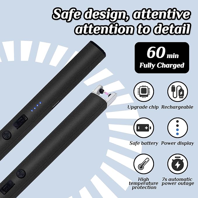 2 PCS Candle Lighter,Windproof Flameless Electric Lighter with LED Power Display & Safety Switch, Upgraded Plasma USB Rechargeable Lighter for Birthday Camping BBQ (Black)