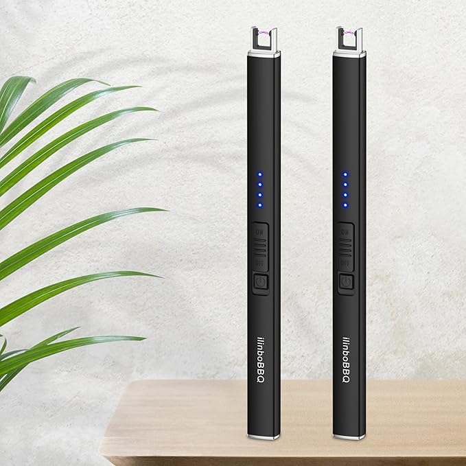 Lighter Electric Candle Lighter with LED Battery Display USB Rechargeable Lighter Windproof Flameless Long Lighters for Candle BBQ Camping (Black