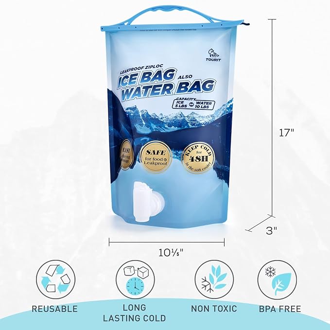 TOURIT Reusable Ice Bag 5lb Ice Pack for Cooler, Bag of Ice Collapsible Water Container with Spigot for Camping, Hiking, Drinking