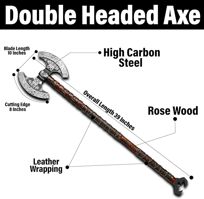 MDM-Ax107 Double Headed Axe | Double Sided Axe Custom Gift High Carbon Steel Viking Axe with Rose Wood Shaft, Double Edge Axe