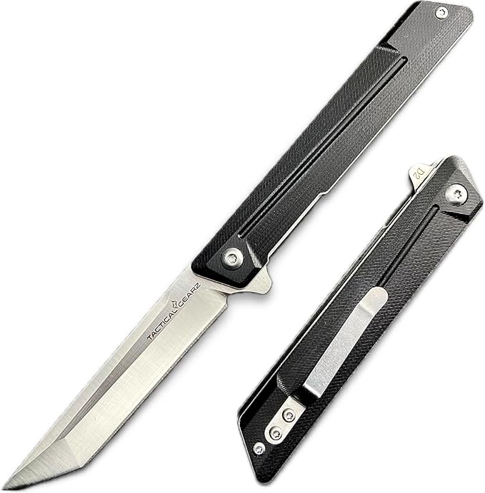 TACTICAL GEARZ EDC Pocket Folding Knife with G10 Handle - Tanto D2 Steel Blade (Nyx ST Black)