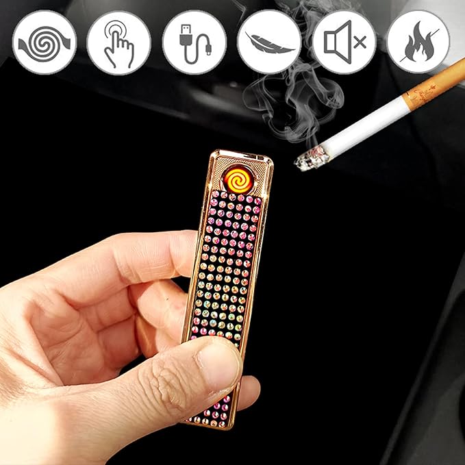 Rhinestone Lighter Electric Lighter Rechargeable Bling Glitter USB Lighter Flameless Girls Lighter for Women (Black Multi)