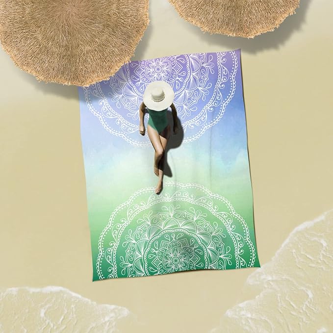 Sunlit Silky Soft 106"x81" Boho Sand Proof Beach Blanket Sand Proof Mat with Corner Pockets and Mesh Bag for Beach Party, Travel, Camping and Outdoor Music Festival, Blue Violet Sea Green Mandala