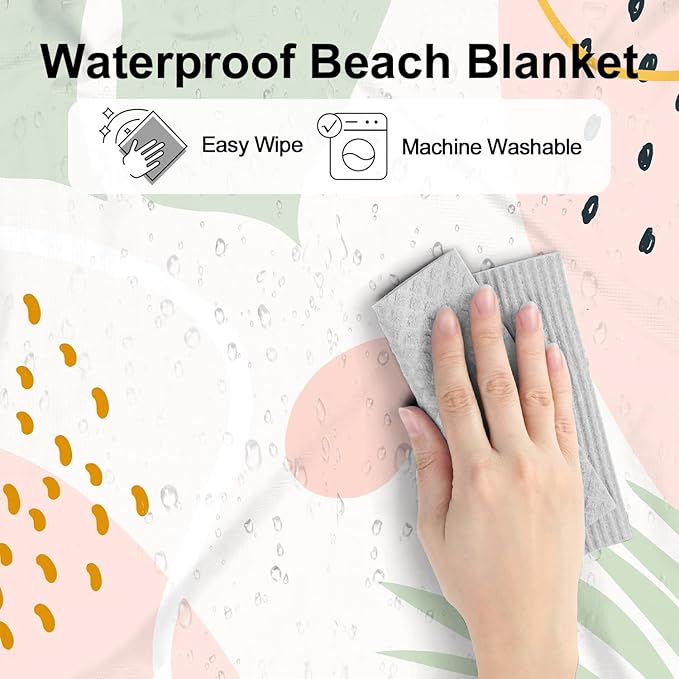 Beach Blanket Waterproof Sandproof, 9 Ft X 10 Ft Extra Large Sand Free Beach Mat, Big Compact Lightweight Quick Drying Camping Blanket with 4 Stakes & 4 Pockets for Picnic, Travel, Hiking