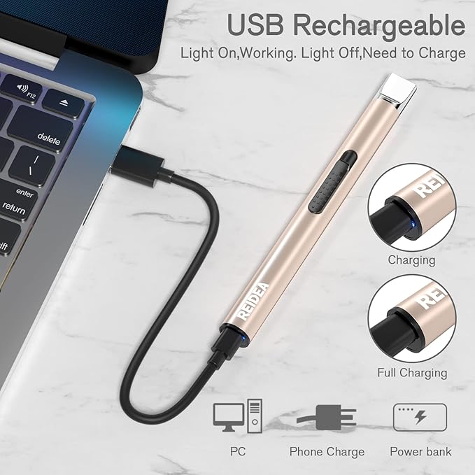 REIDEA Lighter S4 Electronic Candle Lighter USB Rechargeable with Security Lock, Windproof Fast Heat Sinking, Non-Slip Switch Electronic Lighter for Candle, Grill, Camping (Champagne Gold + White)