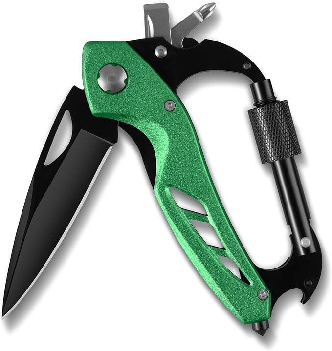 Multitool Carabiner with Pocket Knife, EDC Carabiners Keychain with Bottle Opener, Window Breaker Folding Knives and Screwdriver, Survival Gear for Outdoor Camping Hiking for Men