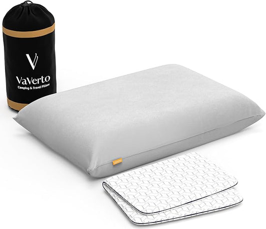 Vaverto Gray Travel and Camping Pillow - Compressible Medium Firm Memory Foam, Viscose Made from Bamboo Cover, Machine Washable, Ideal for Backpacking, Airplane, Car Travel