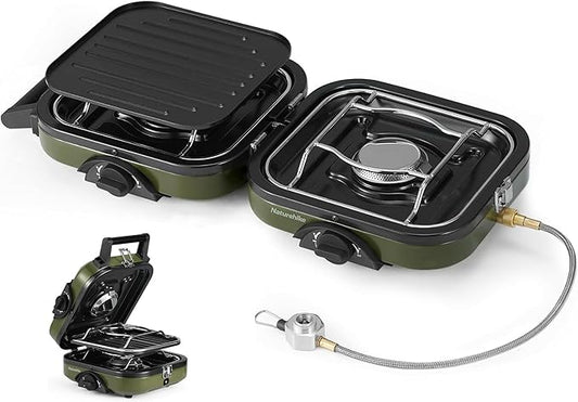 Naturehike Mirage 2 Burner Folding Camping Stove with Griddle, Portable Camp Gas Stove with 16000 BTU, 2 Adjustable Burners & Piezo Ignition, Compatible with Blend Isobutane Fuel