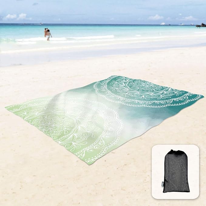 Sunlit Silky Soft 85"x72" Boho Sand Proof Beach Blanket Sand Proof Mat with Corner Pockets and Mesh Bag for Beach Party, Travel, Camping and Outdoor Music Festival, Tiffany Green Mandala