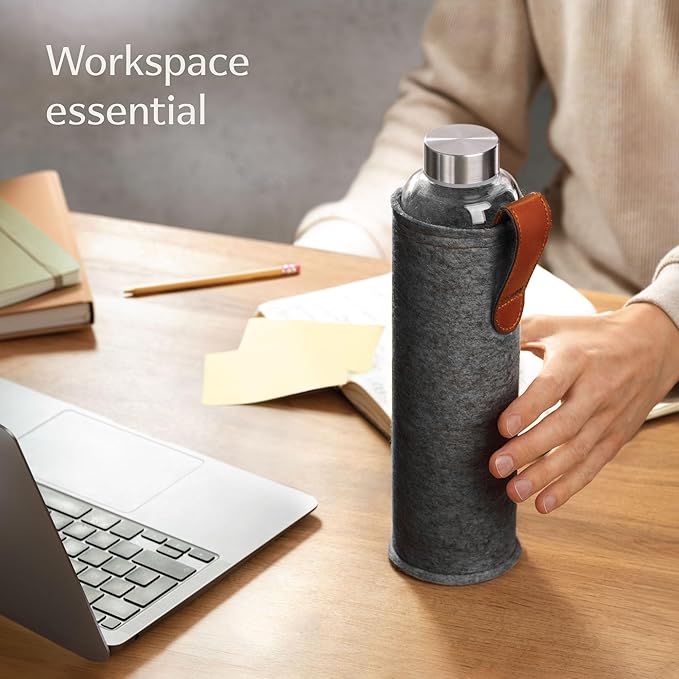 Glass Water Bottle 25oz with Felt Sleeve - Dishwasher Safe - Leakproof Lid - BPA Free - Glass Bottles for Carbonated Beverage & Juicing (Anthracite)