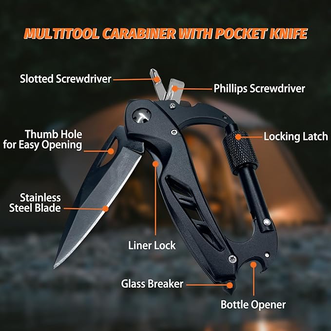 Multitool Carabiner with Pocket Knife EDC Carabiners Keychain with Bottle Opener Folding Knives Bottle Opener Window Breaker and Screwdriver Survival Gear for Camping Hiking