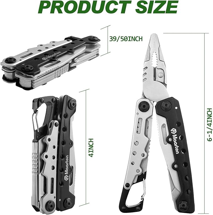 Maarten Multitool, 11 in 1 Hard Stainless Steel Multitool Pliers with Safety Locking, Camping Multi Tool Gifts for Men, Multi-pliers with Folding Saw, Bottle Opener, Screwdriver, Sickle, Nylon Sheath