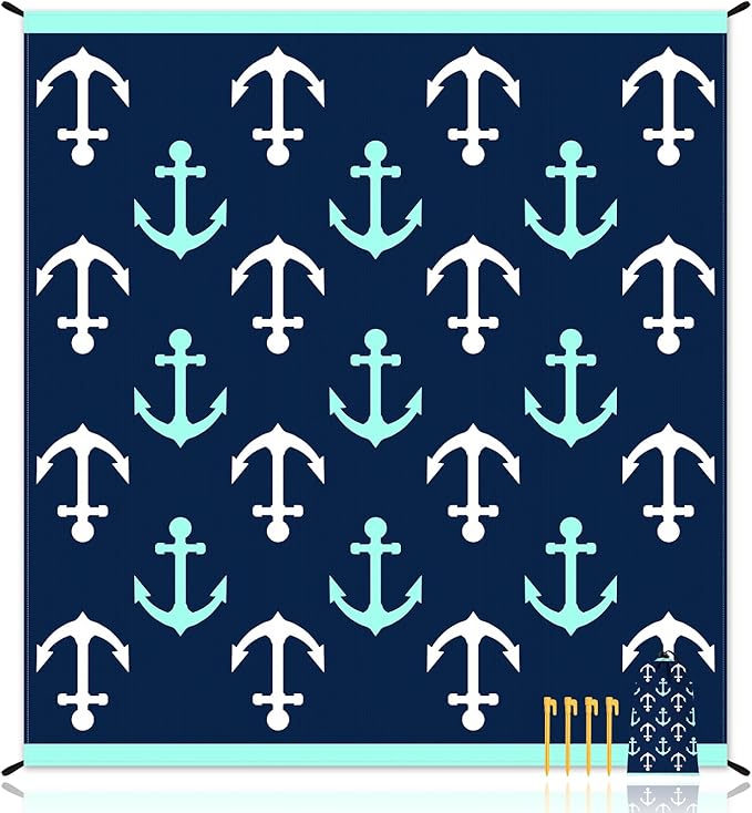 Nautical Beach Blanket Sandproof, Foldable Waterproof Sand Free Beach Picnic Mat, 78''×86'' Large Compact Portable Ocean Themed Outdoor Pocket Blanket With 4 Stakes for Travel, Camping - Navy Anchors