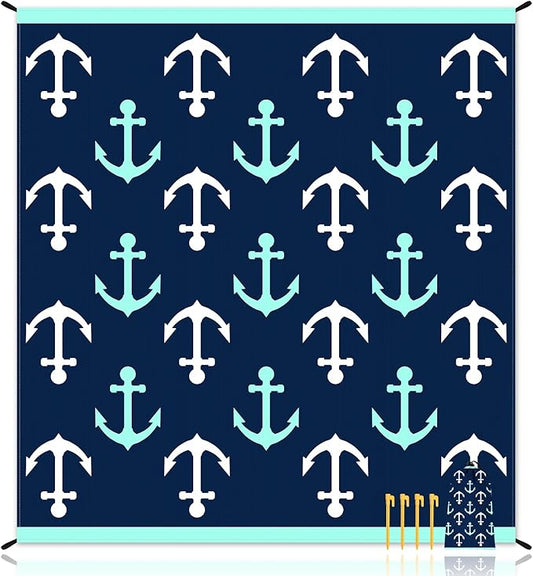 Nautical Beach Blanket Sandproof, Foldable Waterproof Sand Free Beach Picnic Mat, 78''×86'' Large Compact Portable Ocean Themed Outdoor Pocket Blanket With 4 Stakes for Travel, Camping - Navy Anchors