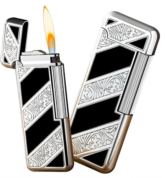 Open Flame Lighter, Classic Retro Lighter, Adjustable Open Fire Butane Flame Lighter, Slide Sliding Wheel Ignition Lighter for Kitchen, Indoor, Outdoor, Grill, Men's Gifts (Black Silver)