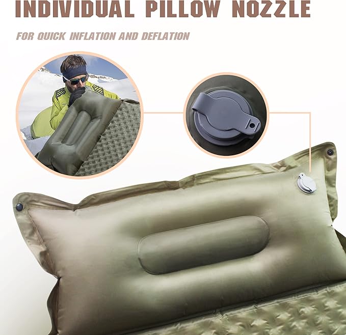 WILD FUN Sleeping Pad for Camping Self Inflating 1.5" Thick Foam Camping Sleeping Pad with Pillow Air Mattress Camping,Backpacking,Hiking