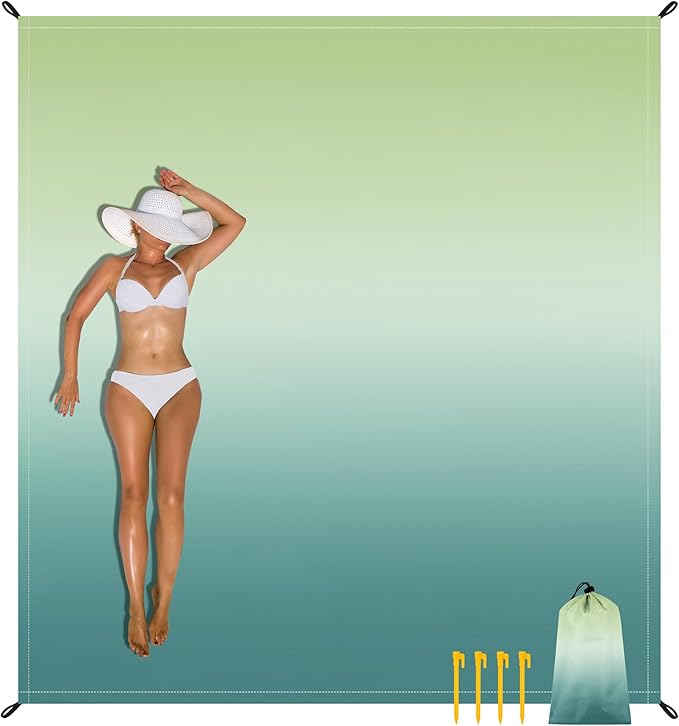 Beach Blanket Waterproof Sandproof, 10'X 9' Oversized Beach Picnic Blankets, Beach Mat Sand Free Windproof w/Stakes and Corner Sand Pocket for Outdoor, Travel, Camping, Beach Essentials-Teal Gradient