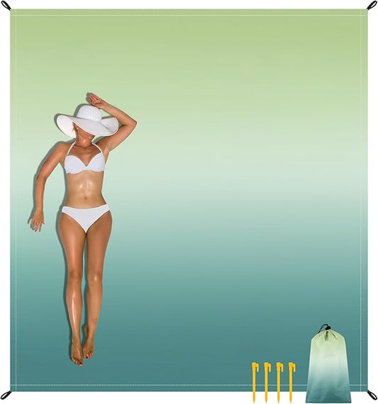 Beach Blanket Waterproof Sandproof, Large Beach Picnic Blankets Foldable Sand Free, Beach Mat Windproof w/Stakes and Corner Pocket for Outdoor, Travel, Camping, Hiking, Beach Essentials-Green Gradient