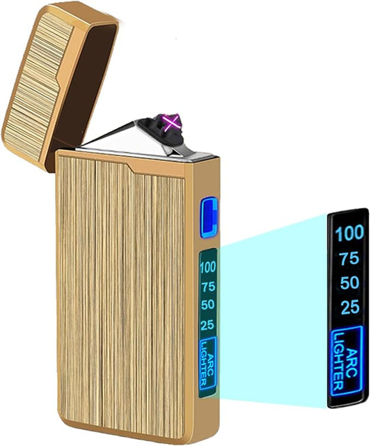 Electric Lighter, USB Rechargeable Lighter, Plasma Dual Arc Lighter, Windproof Flameless Lighter, Pocket Metal Lighter with LED Battery Indication for Candles, Incense, Camping (220mAh, Gold)