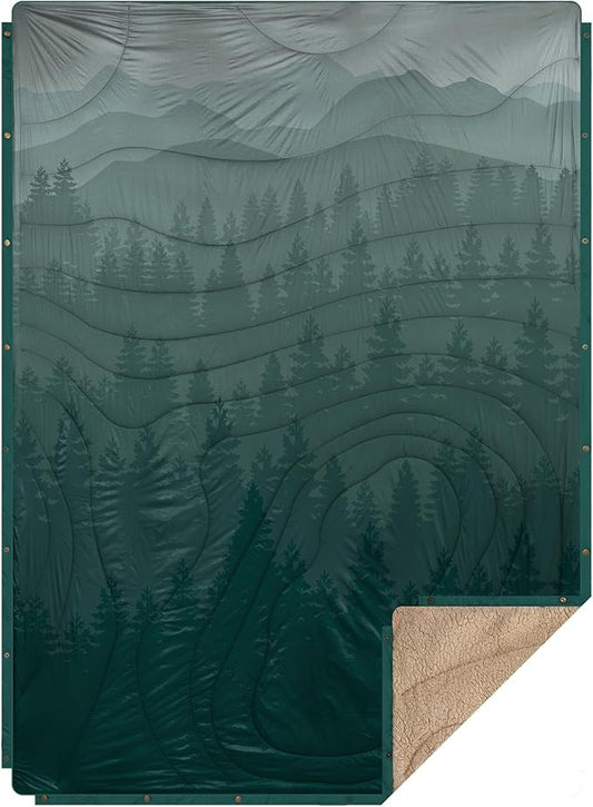 Outdoor Camping Blanket with Sherpa Lining, Extra Warm Thick Camp Blankets & Puffy Ultralight Soft Poncho DWR Camping Quilt for Cold Weather, Adventure,Sleeping,Backpacking 78"x 56"