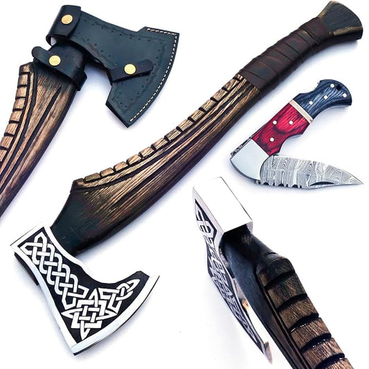 Hand Forged Vikings Axe & Damascus Steel Folding Knife Set- 21"" Carbon Steel Nordic Hatchet + EDC Knife with Sheath- Ideal for Camping, Gift for Men, Black