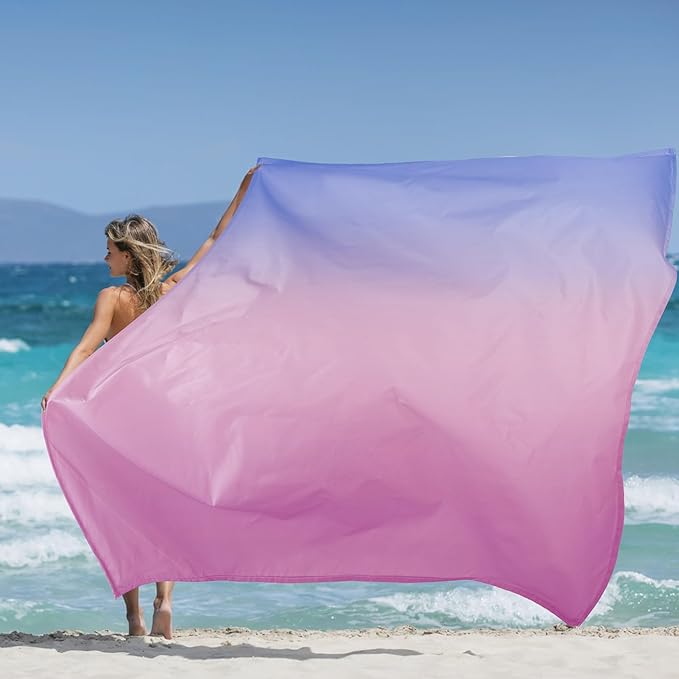 Waterproof Sandproof Beach Blanket, Blue Pink Gradient Picnic Blanket for 4 Adult, Weighted Beach Mat Sand Free with Stakes and Sand Pocket, Polyester Quick Drying Outdoor Beach Essentials Must Have