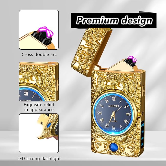 Lighter Multifunction with Led Display Arc Lighter Strong Windproof USB Rechargeable Lighter Fashion Luxury Metal Lighter with Clock Dial Suitable for Gifts(Gold)